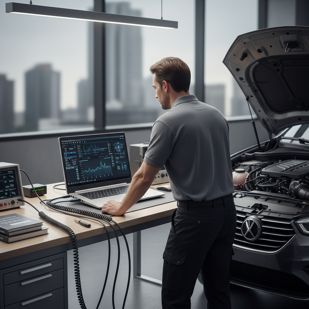 Techniker prüft Fahrzeuginformationen am Laptop im Motorraum