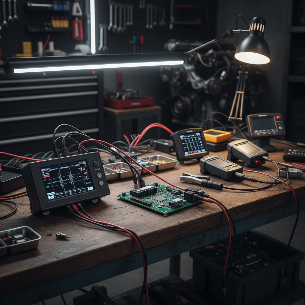 ECU‑Tuning Gerät und Diagnosetools auf Werkbank